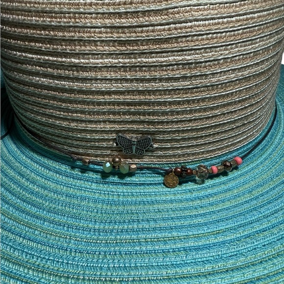 NWOT Kallina Wide Brim Sun Hat Blue Tan Beaded Butterfly Charm Sun Protection - Picture 2 of 13